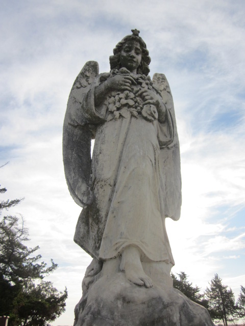 beautiful cement angel in cemetary, holding flowers