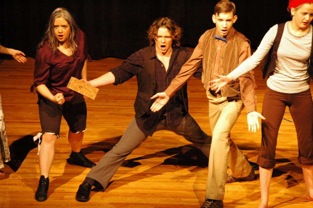 Here Monica Claesson, Nathan Canarsky, Adam Dovel, and Anna Wood perform in a musical number in Life on the Bowery.
