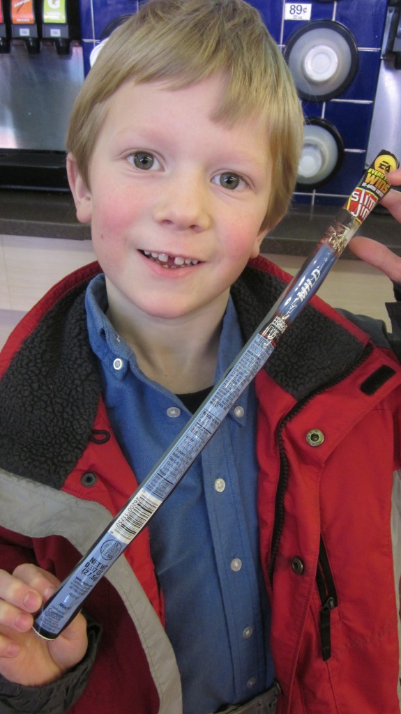Little Mack wanted this super-long Slim Jim very, very, very much and was tickled when I said I'd buy it for him.  So easy to get this big grin out of this boy!