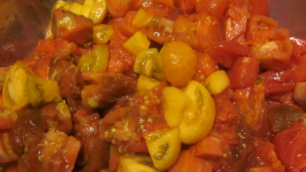Here are the tomatoes all skinned and cut up into chunks and ready for the stock pot.