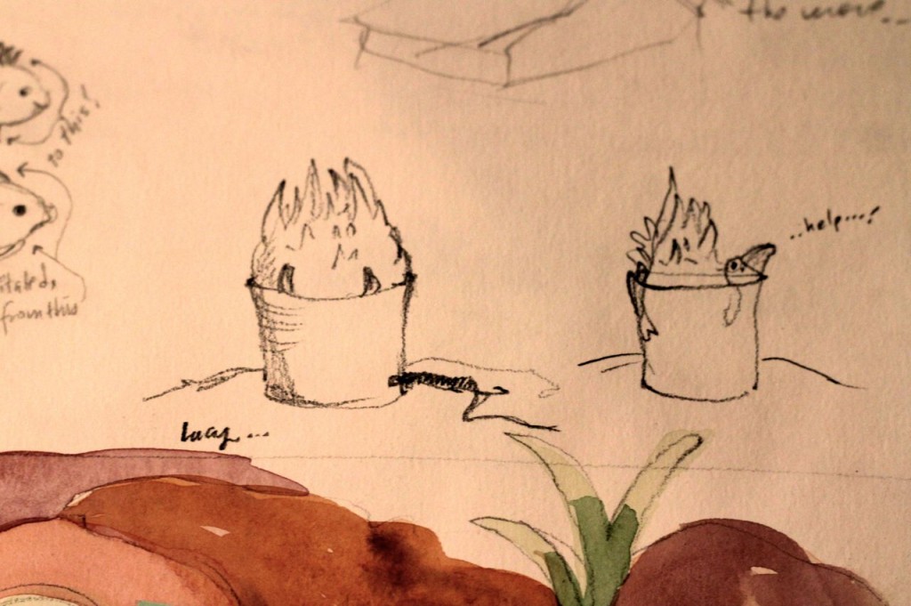 Some drawings I made one morning, when I discovered poor Lucy stuck in the chickens' heated bucket.