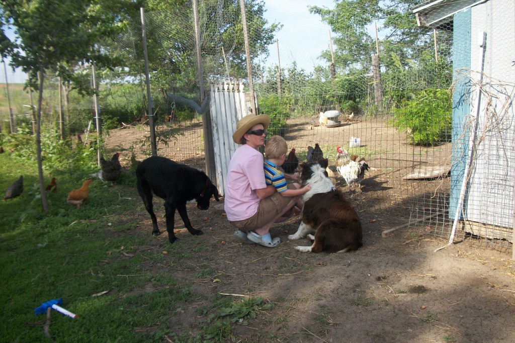 Me with chickens and dogs.