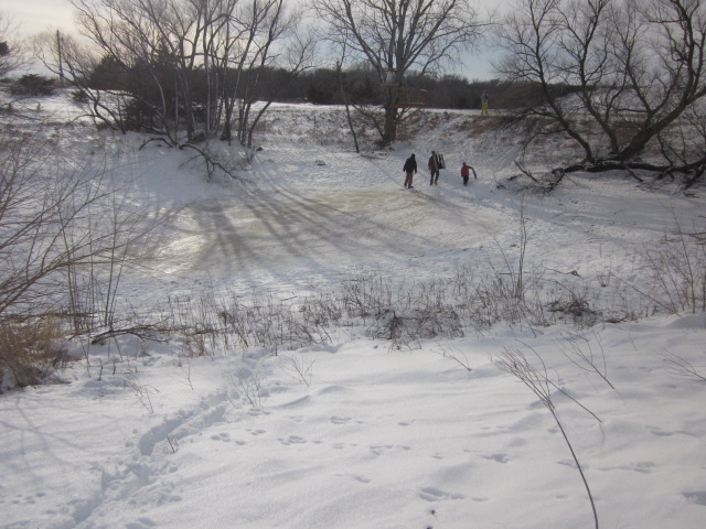 Here's the best sledding spot on our place:  down the dam and across the pond.