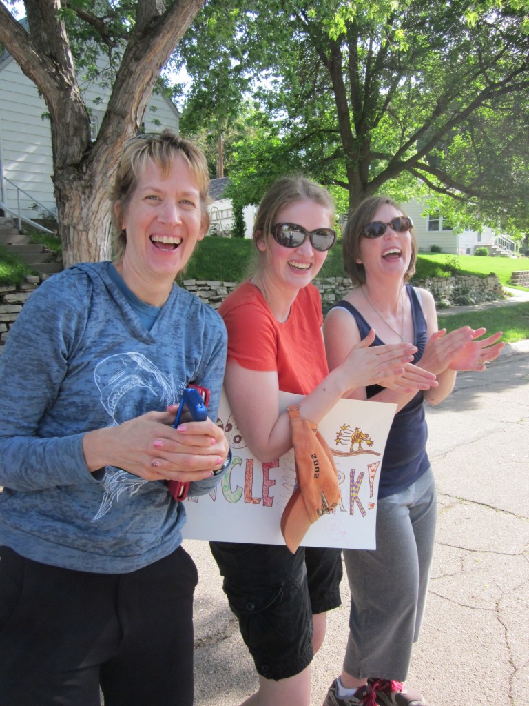 Here my sister Anne, daughter Bethany, and sister Mollie seem to be having way too much fun as we cheer Mark on!