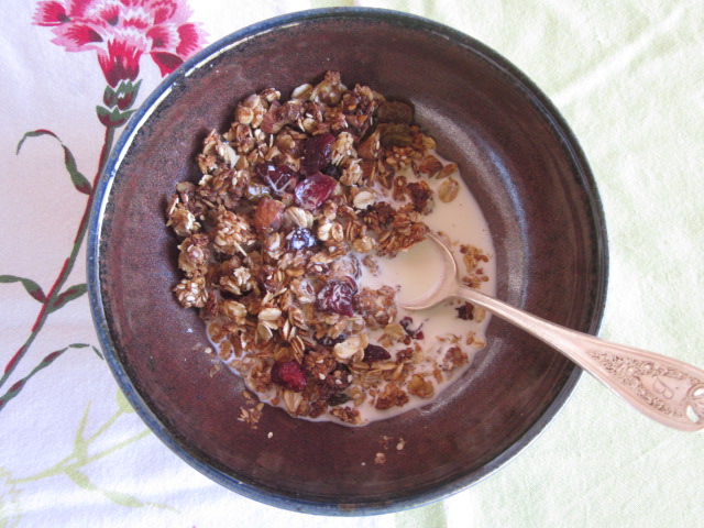 A bowl of my heart-healthy Best Granola swimming in some Almond milk can be helpful in lowering cholesterol.  