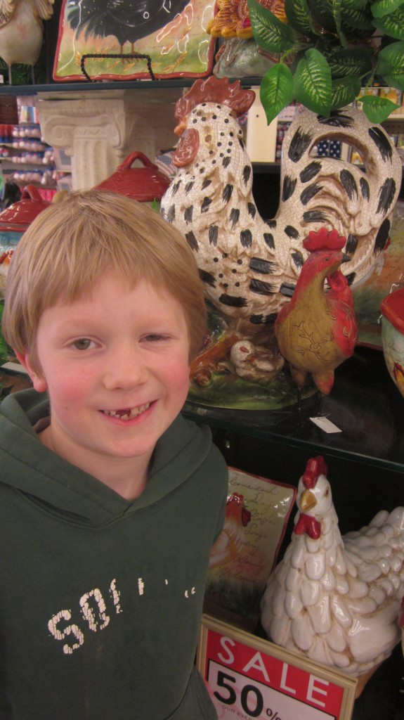Here's my little Mack putting on his red-neck home school kid grin, in front of a rack of ceramic chickens.