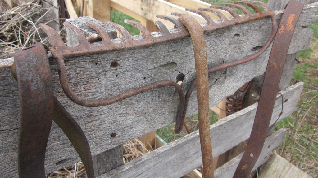 I like the look of these old pieces of tools on the weathered end of my compost bin.