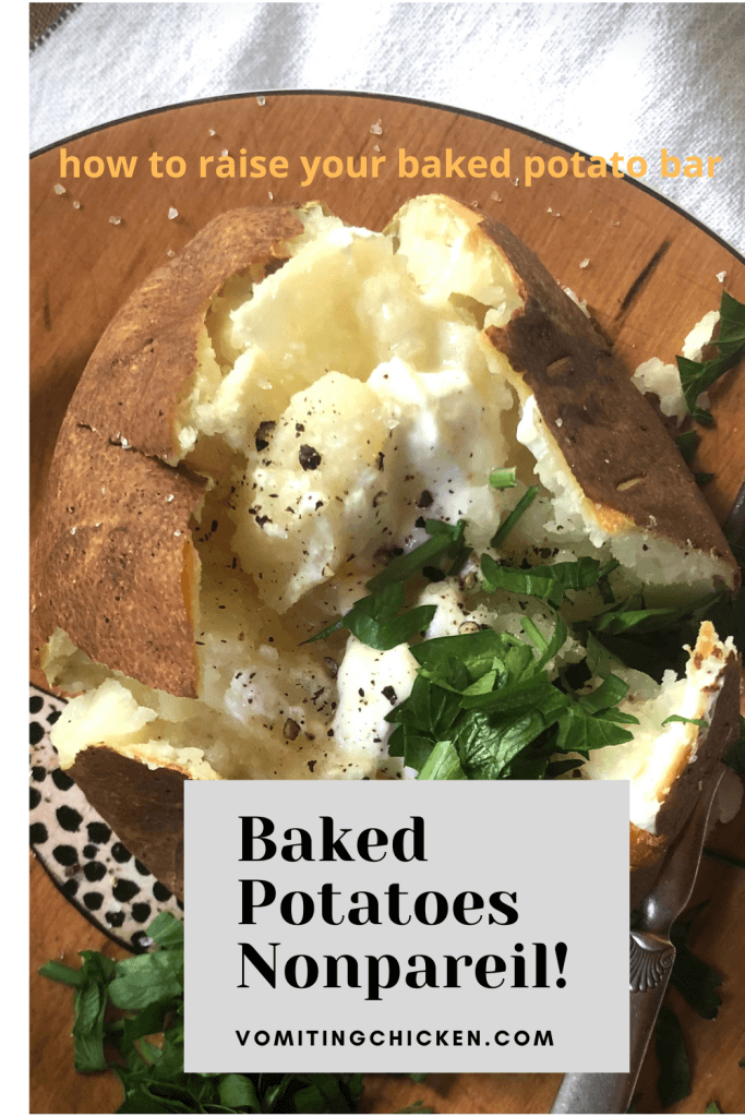baked potato on plate, with "Baked Potatoes Nonpareil!" title