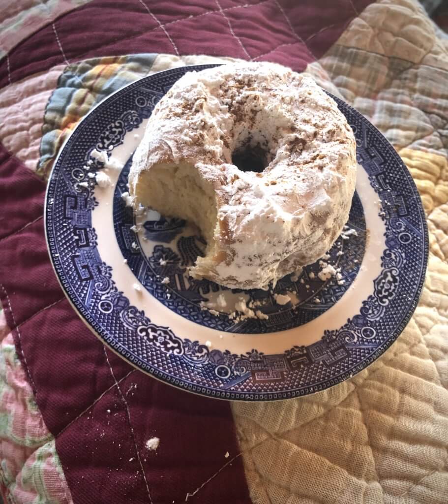 a powdered donut, on a blue plate, with a bit taken out of the side