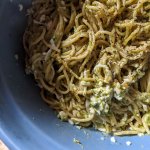 Spaghetti Noodles with Asparagus Pesto and 3 Cheeses–(yes, 3!)