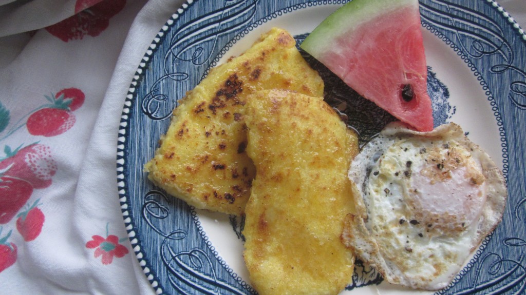 This is the way you want your corn meal mush to look: nicely browned and accompanied by a good egg!