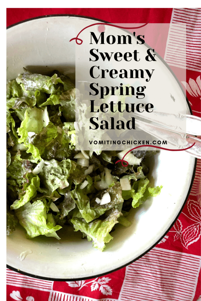 bowl of lettuces on red tablecloth, "Mom's Sweet & Creamy Spring Lettuce Salad"