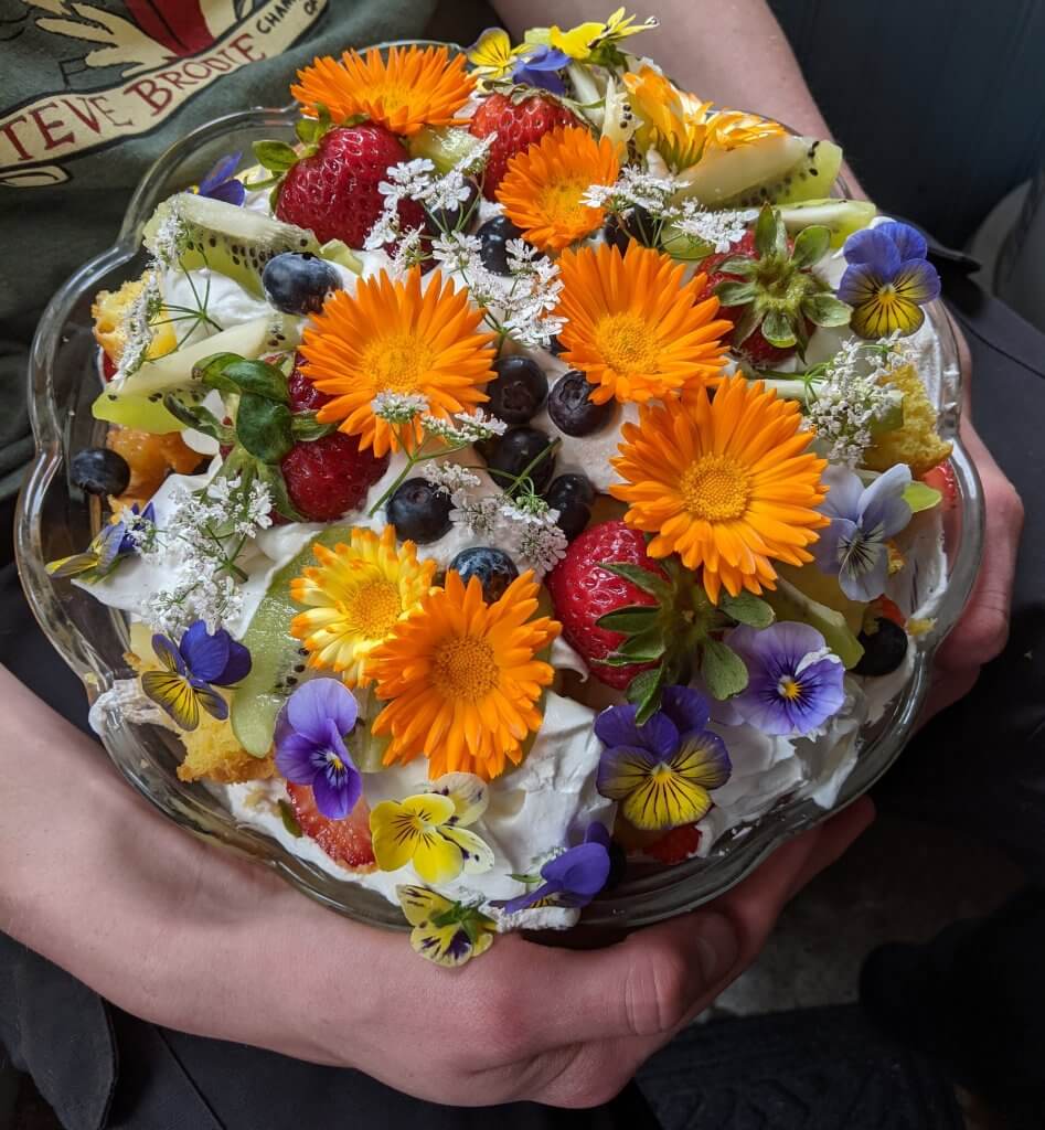 trifle covered with edible flowers and fruit