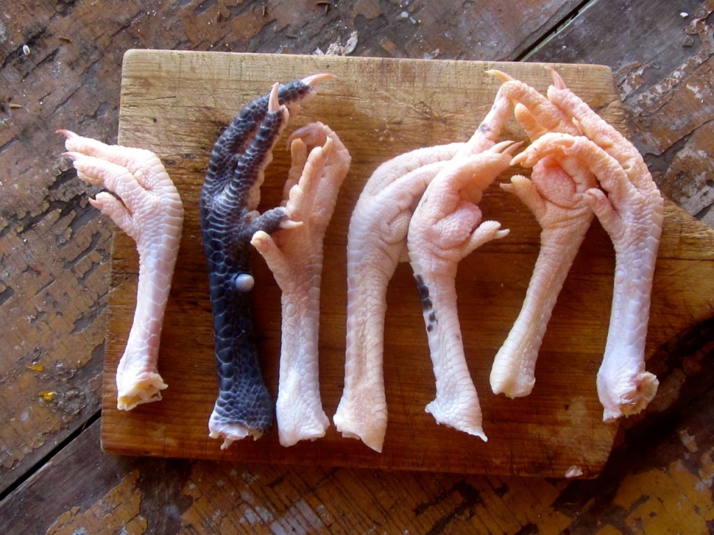 row of chicken feet on wooden cutting board