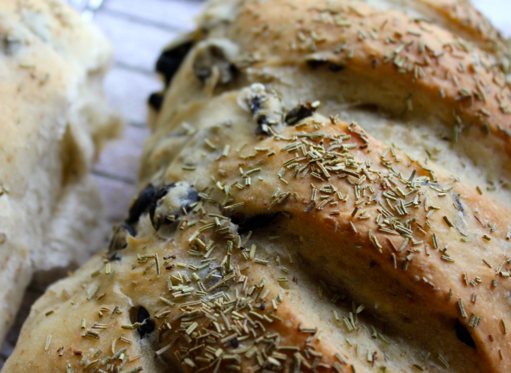 close-up of rosemary olive bread 
